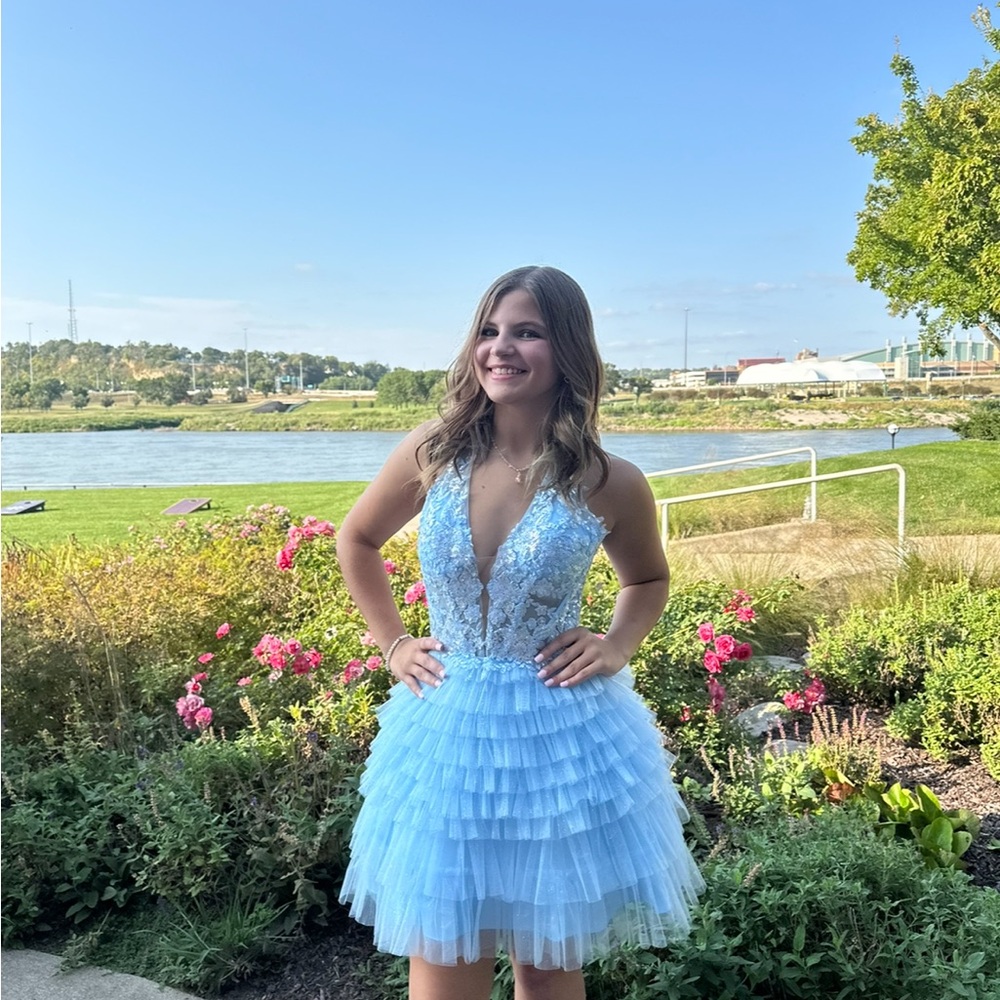 Light Blue Lace Tiered Dress